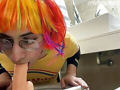 Cute Femboy Sits and Throat Fucks a Dildo on a Toilett