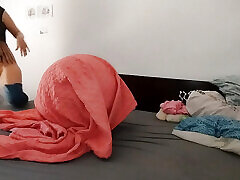 Naughty sexy milf tries on naked clothes. Latin hairy pussy tries on clothes in bed.