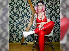 Lady Angela Polish Language Stinky Sneaker Fetish Red Latex Leggings Bare Feet