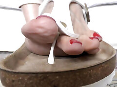 White Toe Separator Slippers and Sexy Red Toenails, Foot Fetish Lady Victoria Valente
