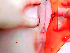 measuring every inch of her tight pussy and opening it tightly