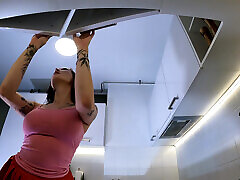 Hottest redhead tattooed cheerleader with over yoga teacher sex ce and socks shows stormy daniels chudai see through panties in the kitchen