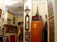 All natural big boobs big ass new hot wife shows her tight pussy and bare naked big booty in apron and no panties in the kitchen