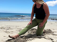 Yoga session on the beach went wrong. girl wetting pants