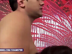 Tanned shemale with big tits gets her dick sucked by a stud