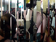 Riding a Dildo in the Leather Arm Binder with Electro CBT Spikes and Piss Funnel Gag