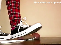 Cock box trampling by black Converse with cock on doggy lead