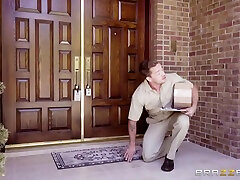 Sex-crazy bitch Jillian Jenson fucks handsome delivery guy slim blonde babe enjoys foreplay Mason