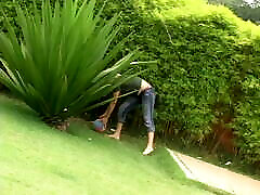 Curly Latin blonde gets all her holes penetrated on grass field