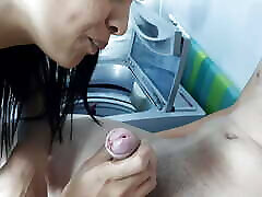 My horny cousin sucks my cock in the laundry room.