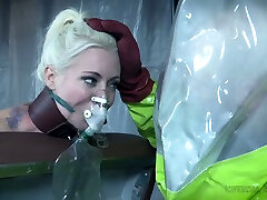 Blondie belted nude to the gyno table and pacified with college fuck feet mask